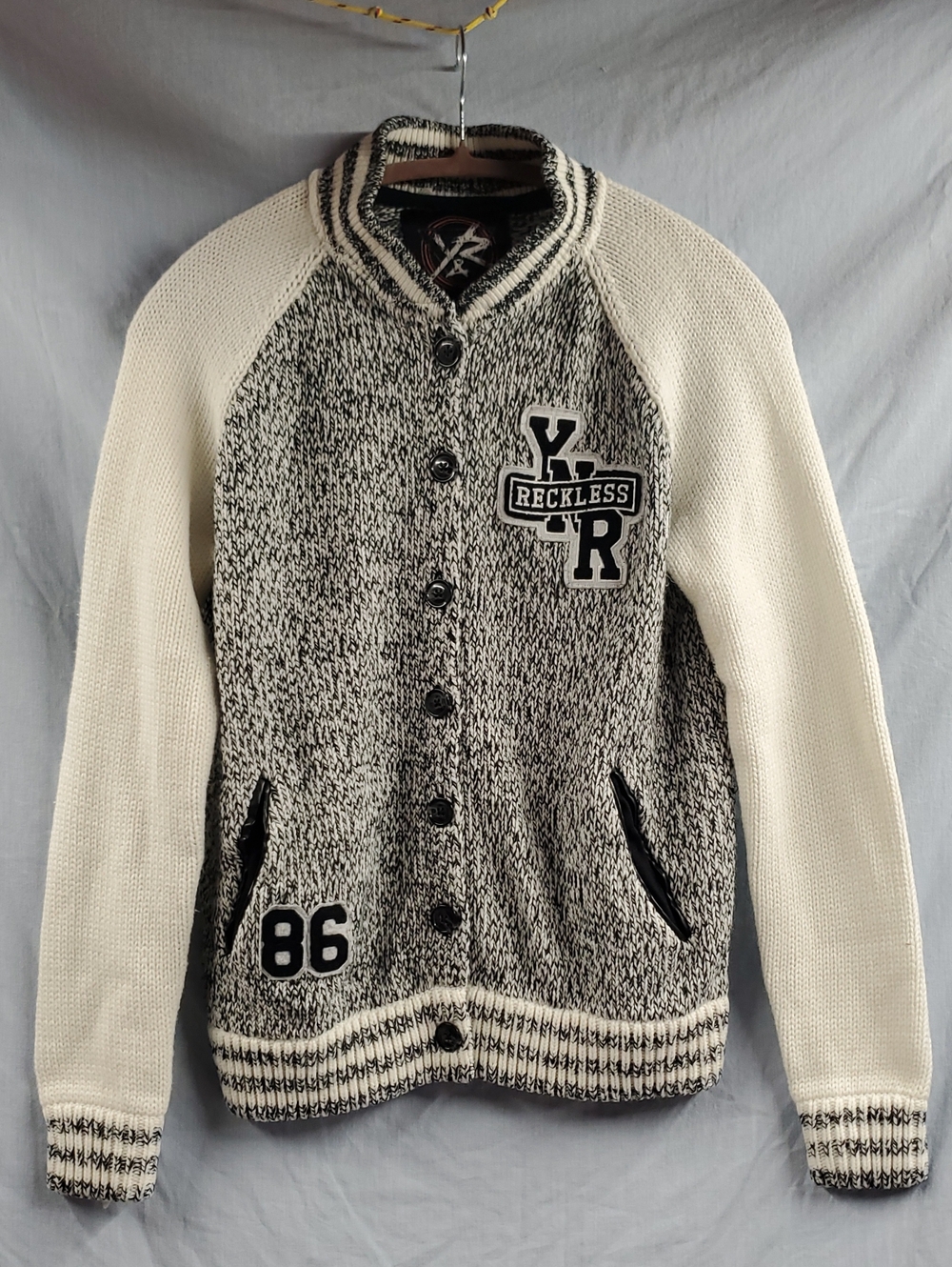 Young & Reckless Cream Sleeve Gray Marled Varsity Bomber